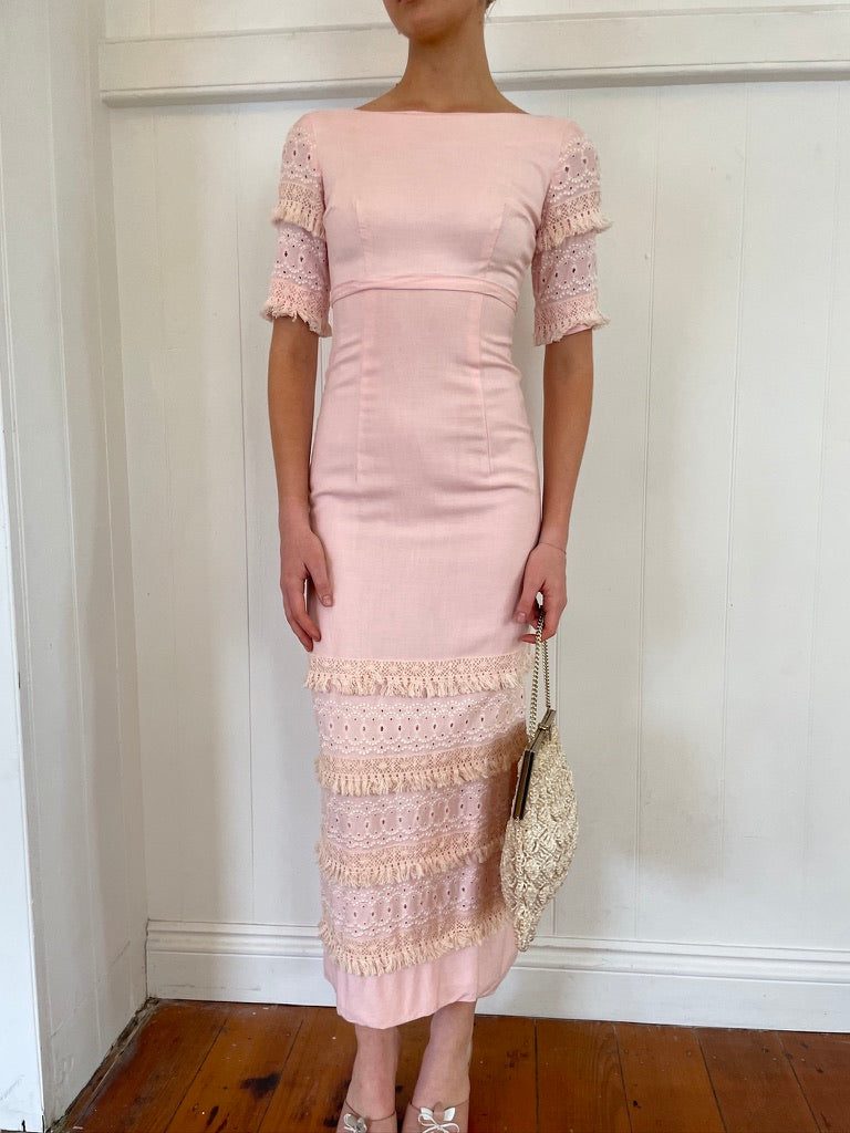 Vintage 60s baby pink column dress with cream fringing