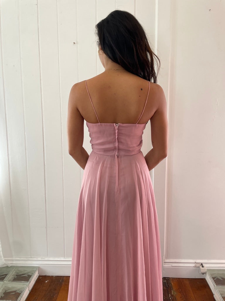 Vintage 70s dusty pink maxi dress with sheer bolero