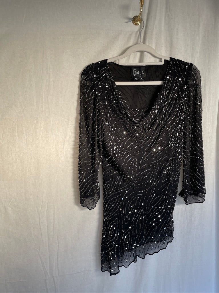 Vintage 90s black asymmetric silk sequinned blouse
