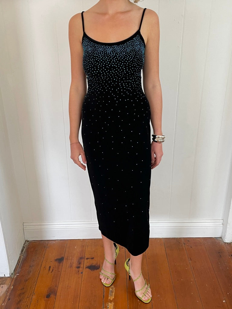 Vintage 90s black velvet midi dress with blue sparkle