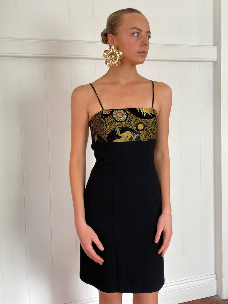 Vintage 90s black brocade mini dress