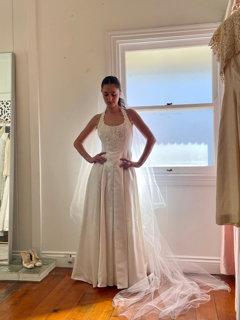 Vintage 90s satin halter neck princess gown with beaded lace trim