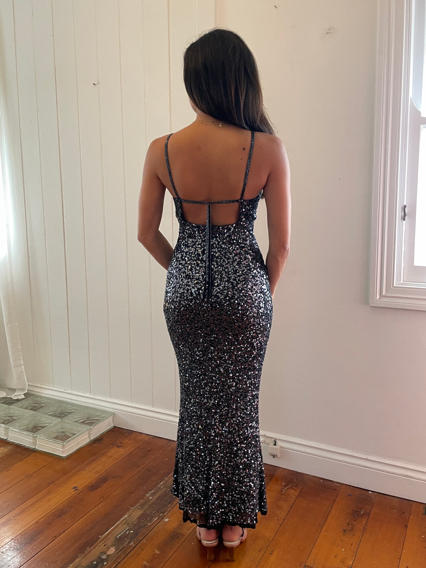 Vintage 90s midnight beaded open back evening dress