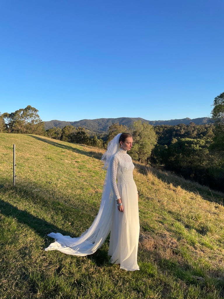 Vintage 60s long sleeve chiffon gown with guipure lace bodice