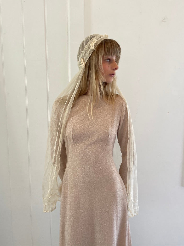 Vintage 60s champagne lurex long sleeve gown with ostrich feather cuffs