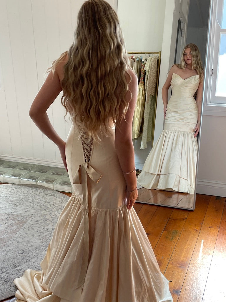 Vintage y2k raw silk champagne trumpet wedding gown