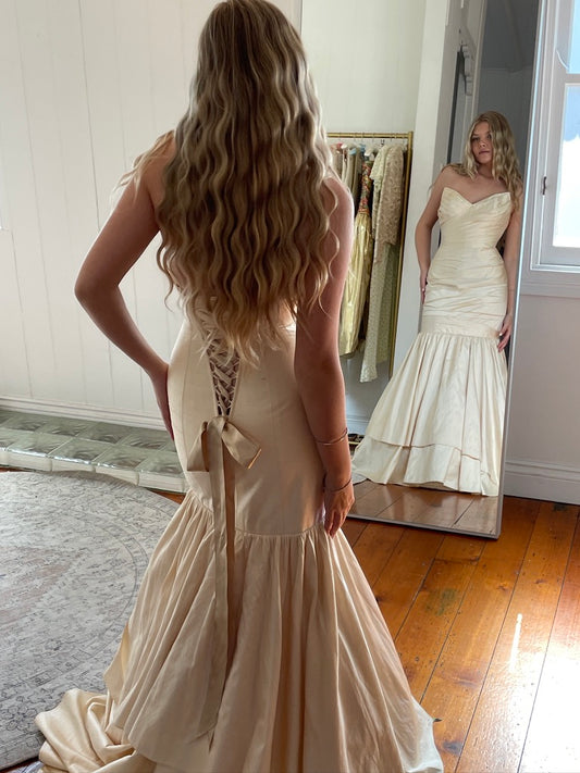 Vintage y2k raw silk champagne trumpet wedding gown