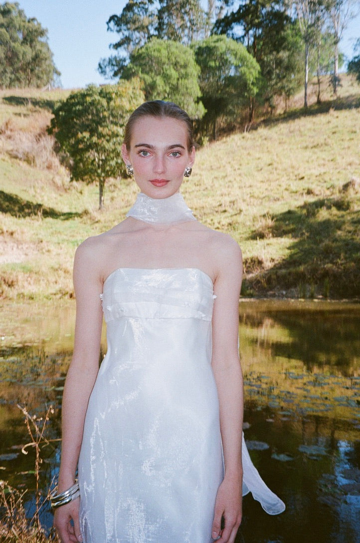 Vintage 90s strapless organza gown with neck scarf