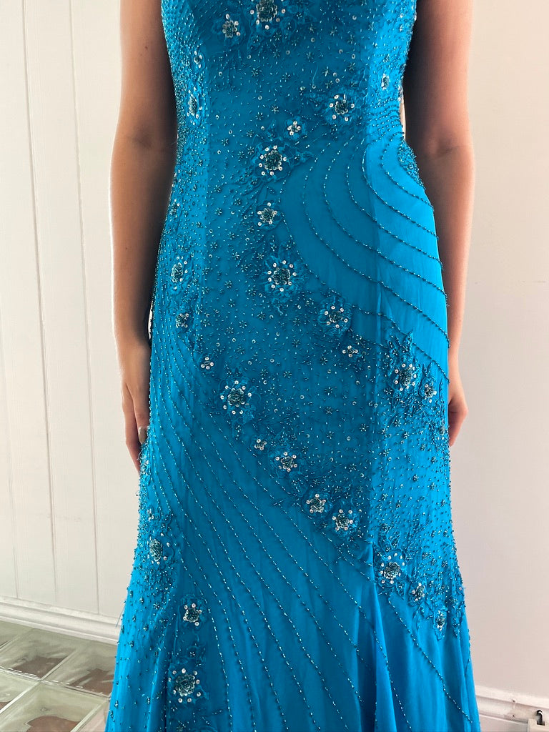 Vintage y2k silk beaded strapless formal dress ocean