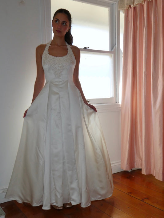 Vintage 90s satin halter neck princess gown with beaded lace trim