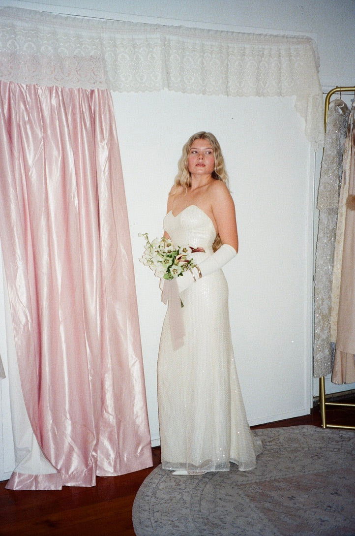 Vintage 80s cream sweetheart sequinned wedding dress