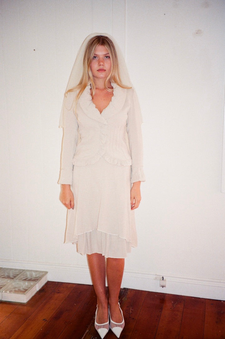 Vintage y2k french made bridal skirt suit set oatmeal