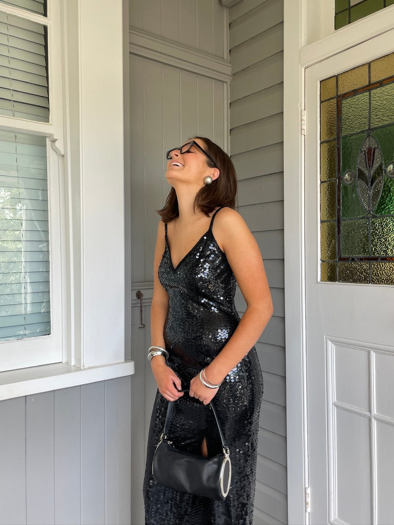 Vintage 80s black sequinned evening dress
