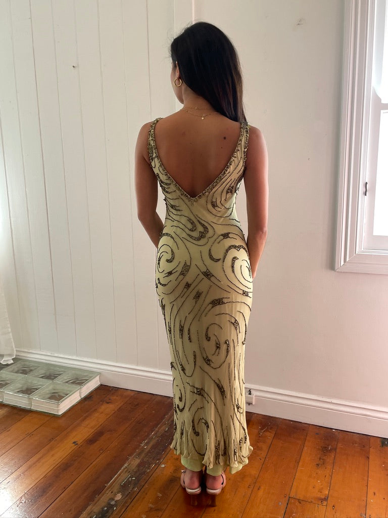 Vintage Y2K Sue Wong pistachio green silk beaded midi dress