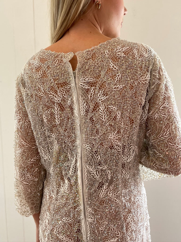 Vintage 60s semi sheer long sleeve beaded sequinned bridal gown