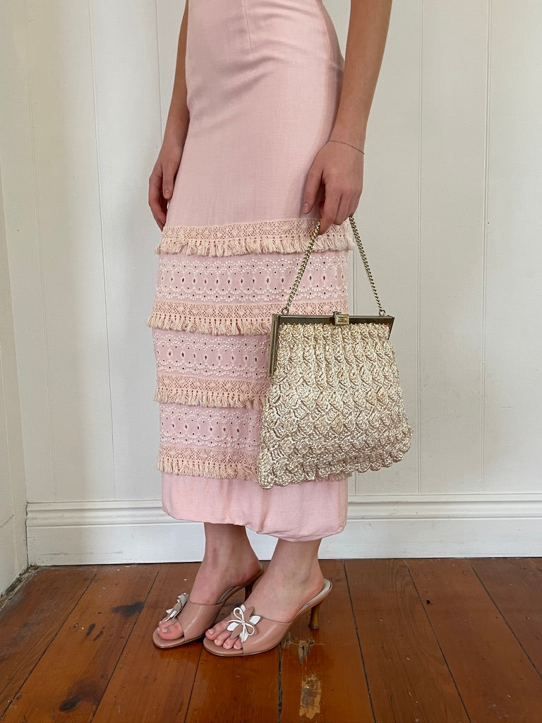 Vintage 60s baby pink column dress with cream fringing