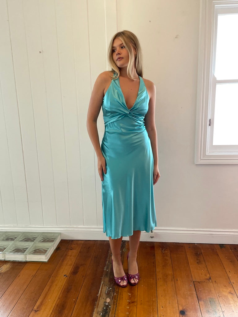 Vintage Y2K Ruth Tarvydas aqua satin midi dress