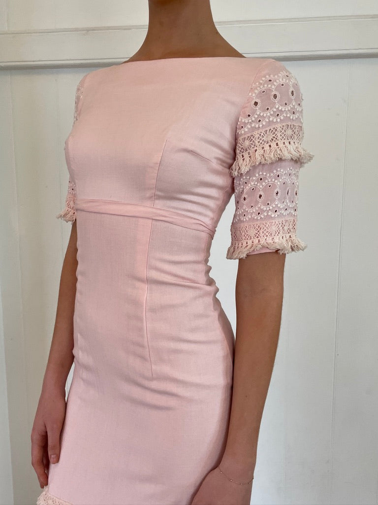 Vintage 60s baby pink column dress with cream fringing