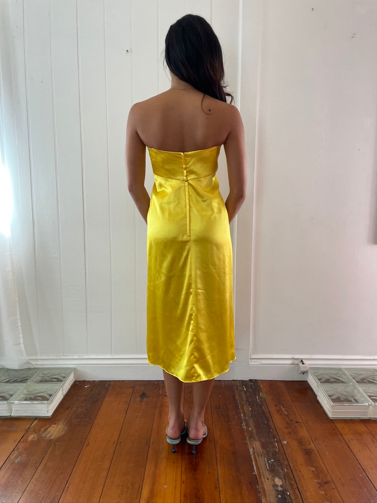 Vintage 90s yellow satin strapless midi dress