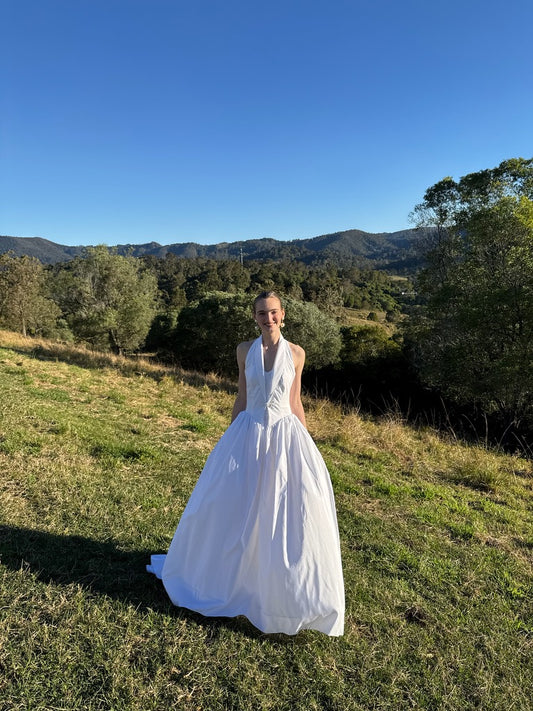 Vintage 90s taffeta basque waist halterneck gown