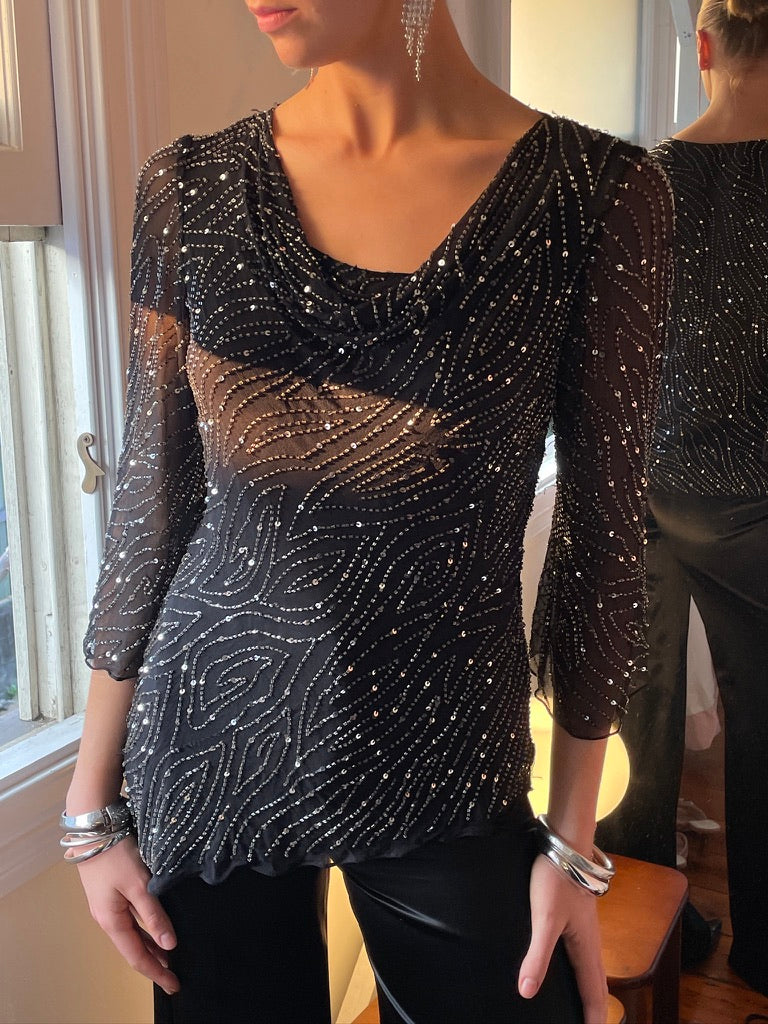 Vintage 90s black asymmetric silk sequinned blouse
