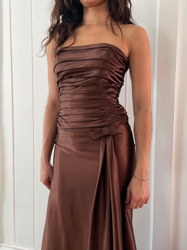 Vintage 90s Jessica McClintock brown strapless gown with bow