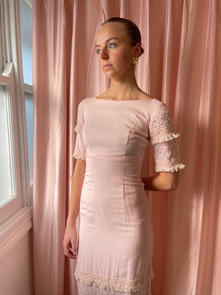 Vintage 60s baby pink column dress with cream fringing