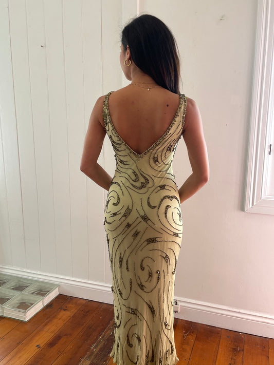 Vintage Y2K Sue Wong pistachio green silk beaded midi dress