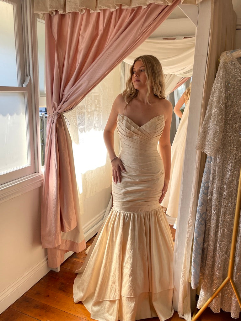 Vintage y2k raw silk champagne trumpet wedding gown