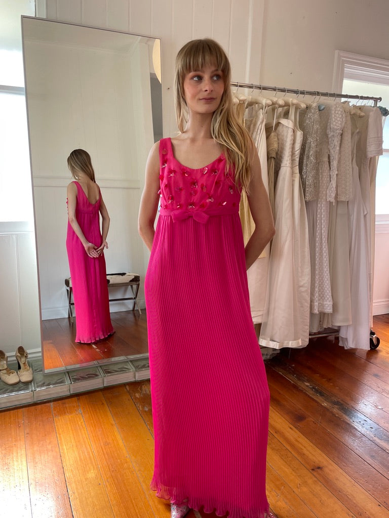 Vintage 60s Patou pink beaded sheath dress with bow