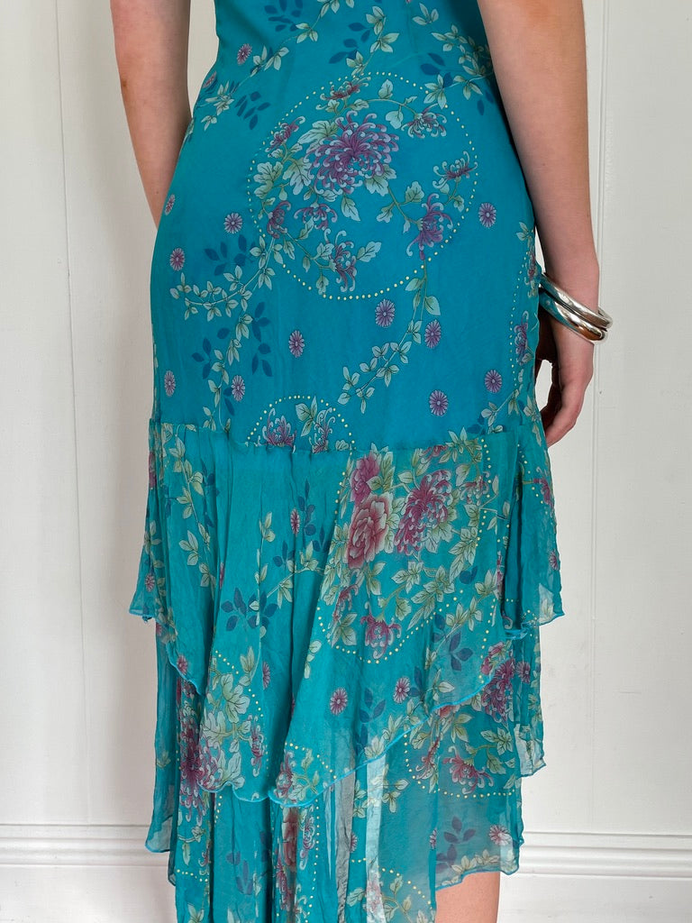 Vintage y2k blue floral silk bias cut asymmetric midi dress