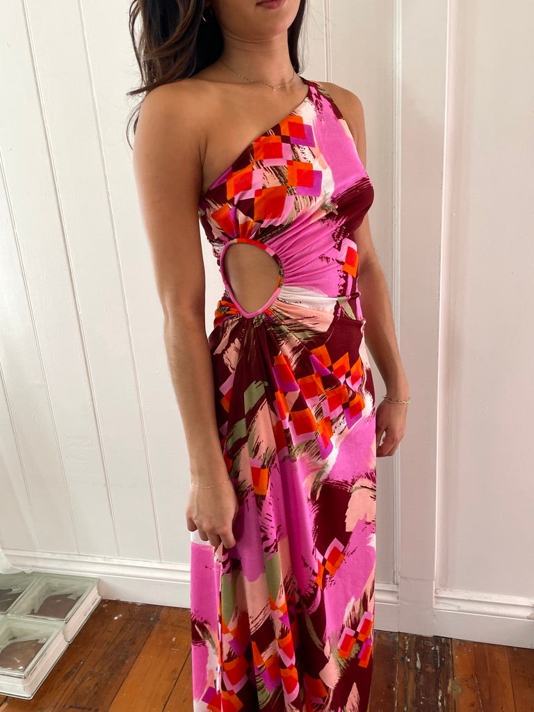 Vintage 70s colourful one shoulder maxi dress with cutout
