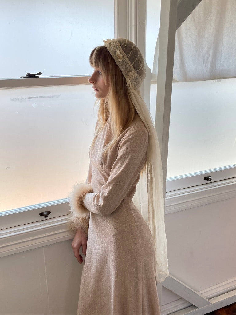 Vintage 60s champagne lurex long sleeve gown with ostrich feather cuffs