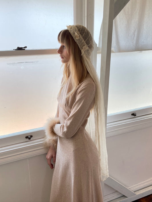 Vintage 60s champagne lurex long sleeve gown with ostrich feather cuffs