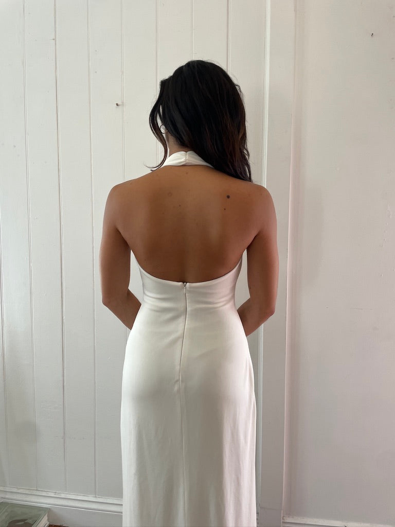 Vintage 90s white plunge neck backless evening gown