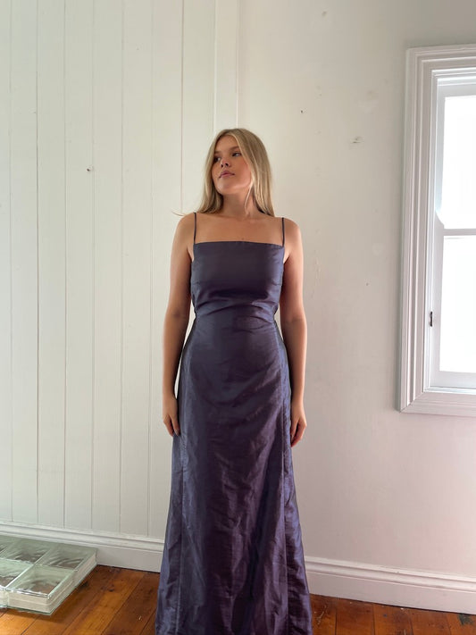 Vintage 90s purple high neck open back pleated evening dress