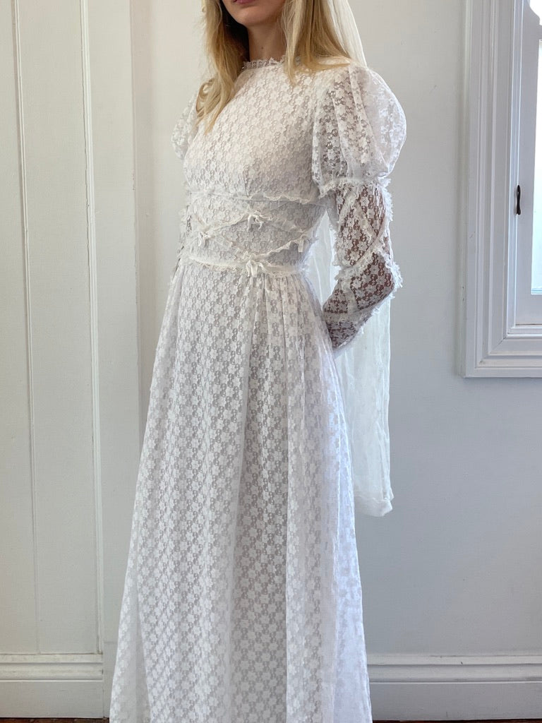 Vintage 70s lace high neck long sleeve wedding dress