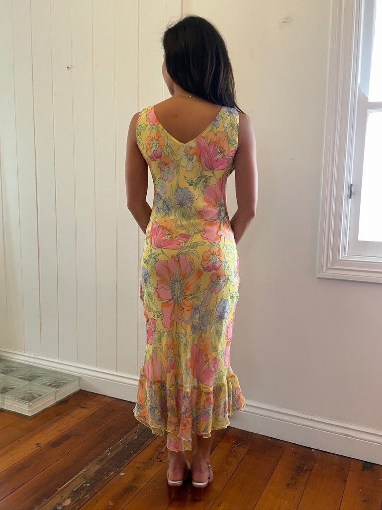 Vintage 90s yellow floral watercolour midi dress