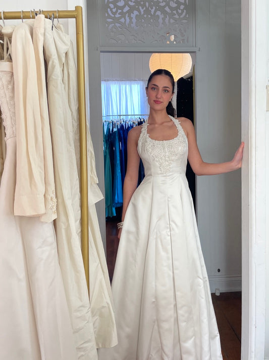Vintage 90s satin halter neck princess gown with beaded lace trim