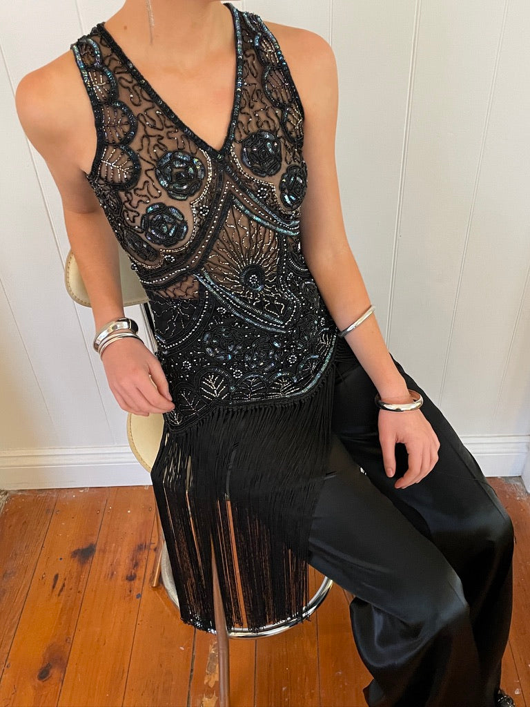 Vintage 90s semi sheer beaded fringed top