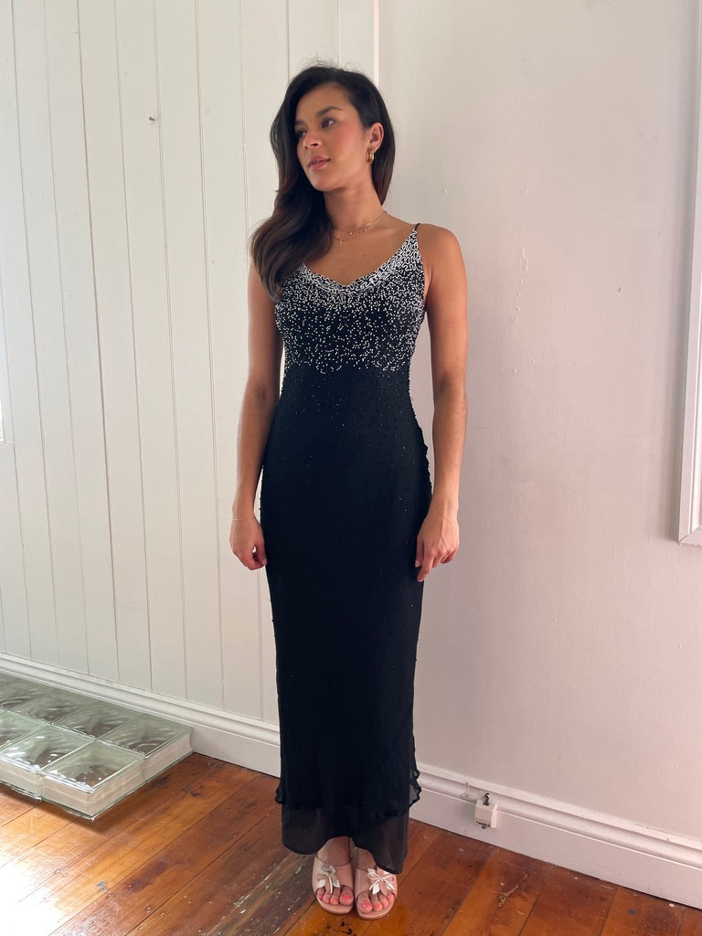 Vintage 90s silk black beaded evening dress