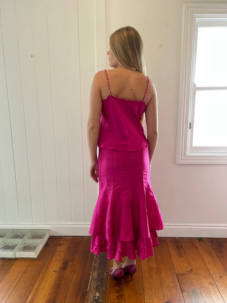 Vintage y2k hot pink silk skirt cami set