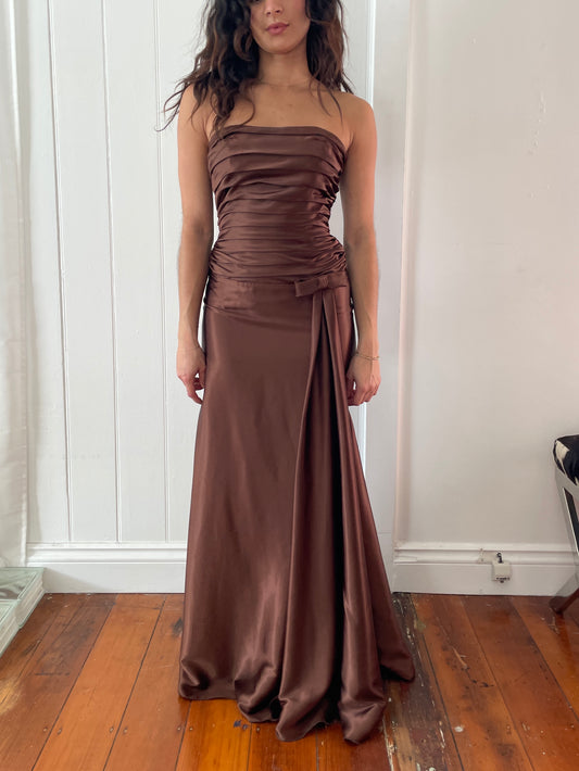 Vintage 90s Jessica McClintock brown strapless gown with bow