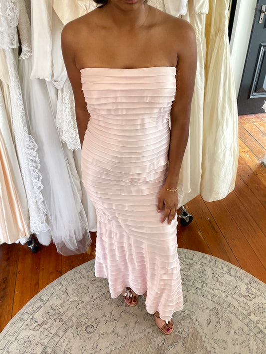 Vintage 90s Tadashi Shoji baby pink cascading pleated dress