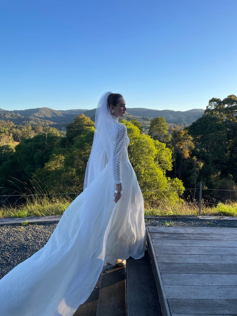 Vintage 60s long sleeve chiffon gown with guipure lace bodice