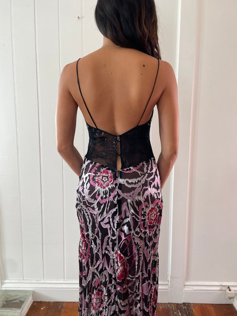 Vintage y2k silk burnout evening gown with lace panels