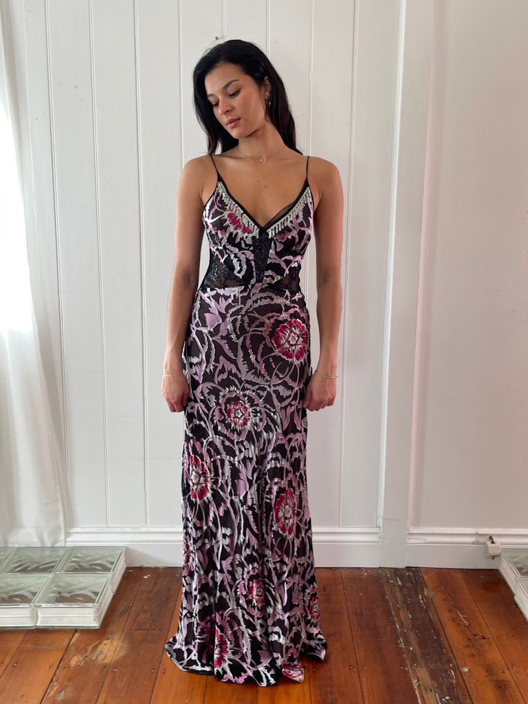 Vintage y2k silk burnout evening gown with lace panels