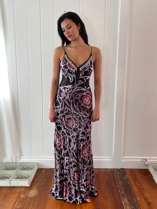 Vintage y2k silk burnout evening gown with lace panels