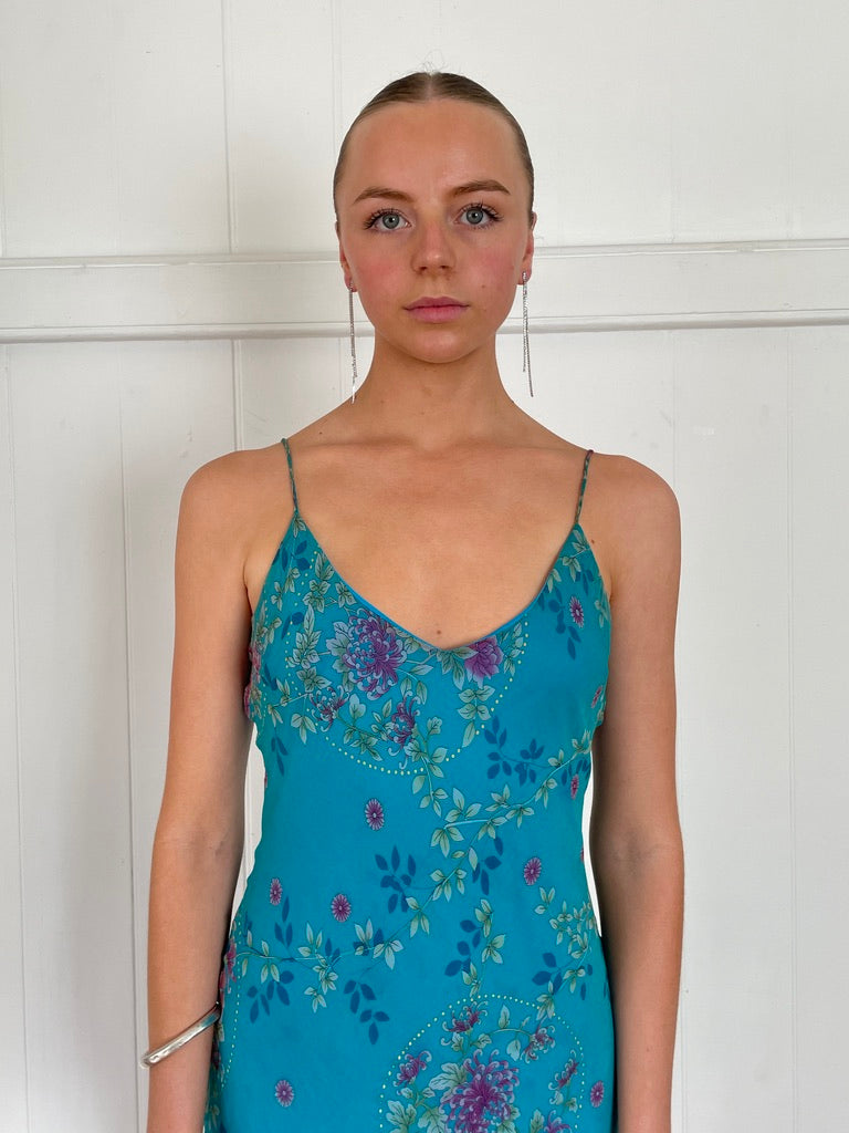 Vintage y2k blue floral silk bias cut asymmetric midi dress