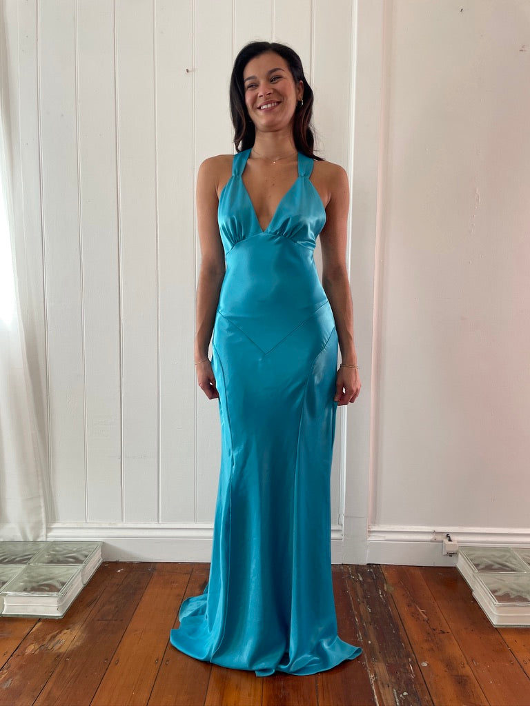 Vintage y2k Ruth Tarvydas aqua blue satin evening gown